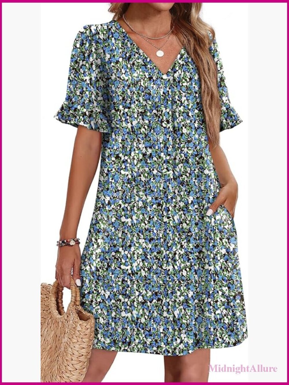 Women's Casual Shift Dress with Ruffle Sleeves and Pockets